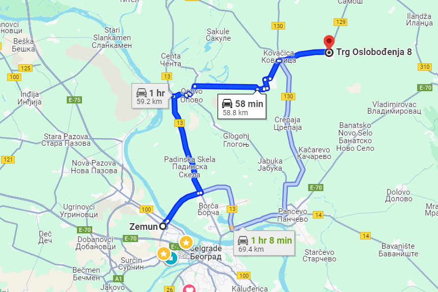 Karta puta od Zemuna do Padine preko Pupinovog mosta
